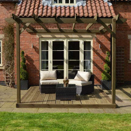 Wall Mounted Wooden Pergola with Decking Kit:Rutland County,Exceptional Garden