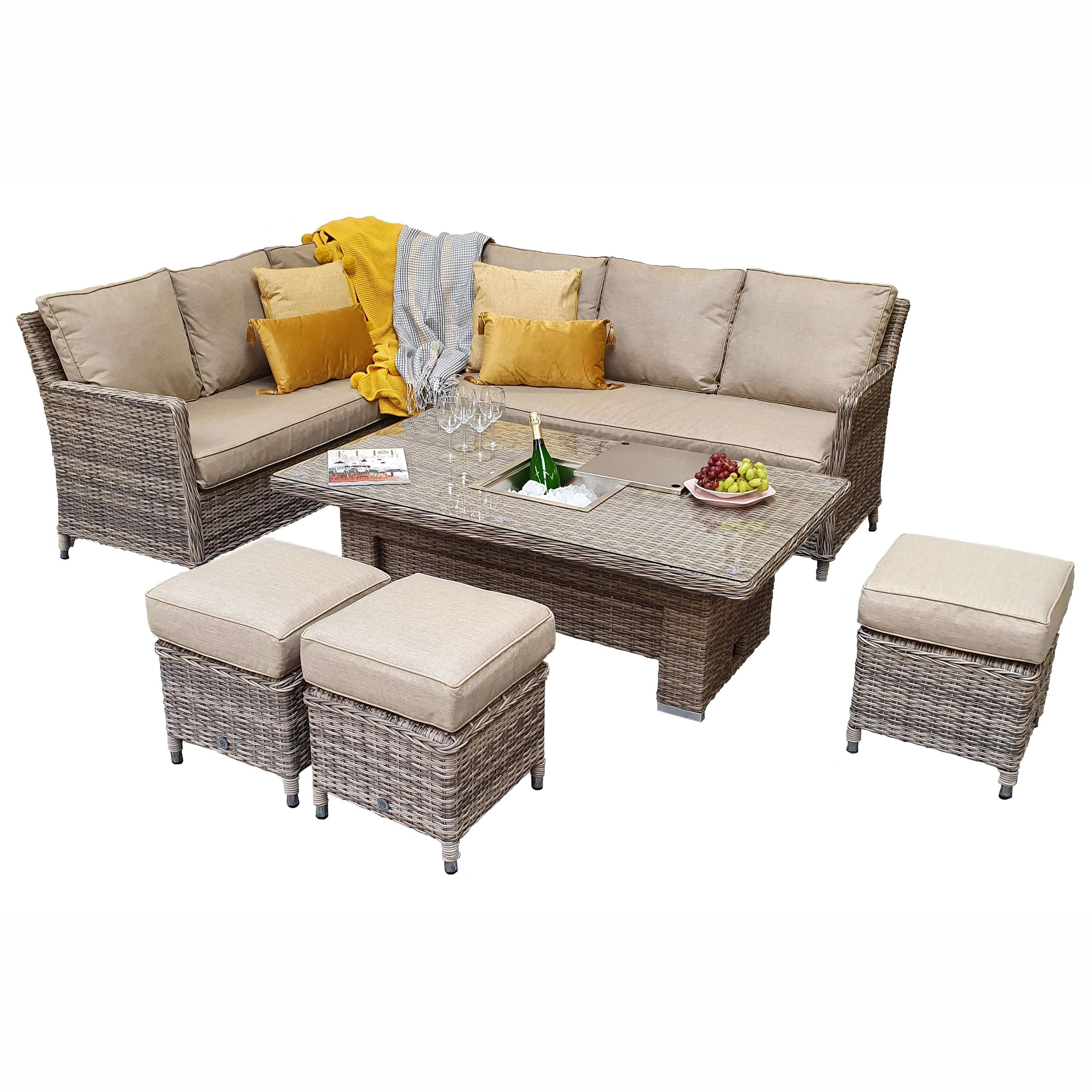 Exceptional Garden:Signature Weave Edwina Corner Dining Set with Lift Table and Ice Bucket - Mixed Nature Weave