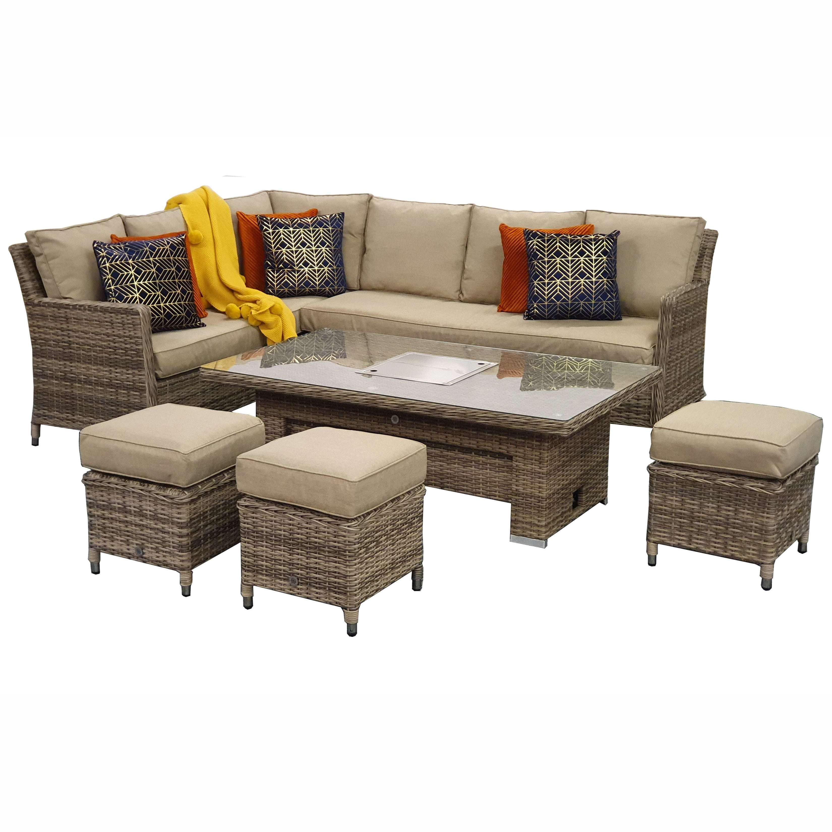 Exceptional Garden:Signature Weave Edwina Corner Dining Set with Lift Table and Ice Bucket - Mixed Nature Weave