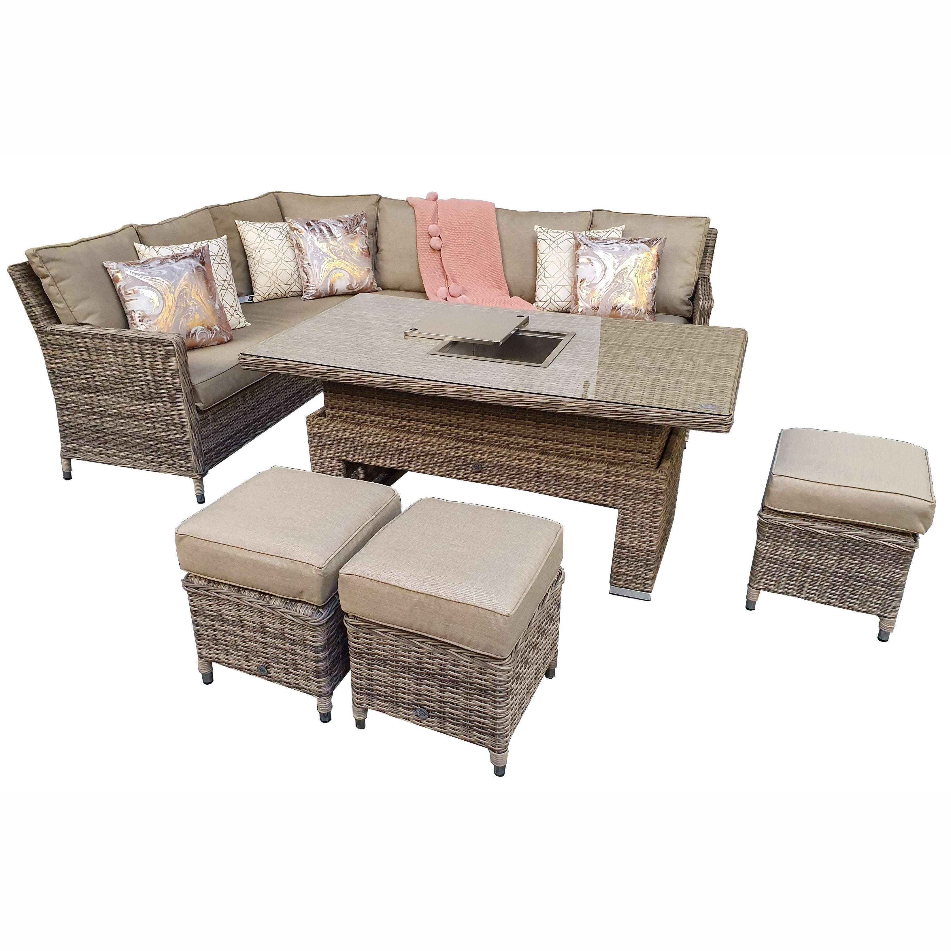 Exceptional Garden:Signature Weave Edwina Corner Dining Set with Lift Table and Ice Bucket - Mixed Nature Weave
