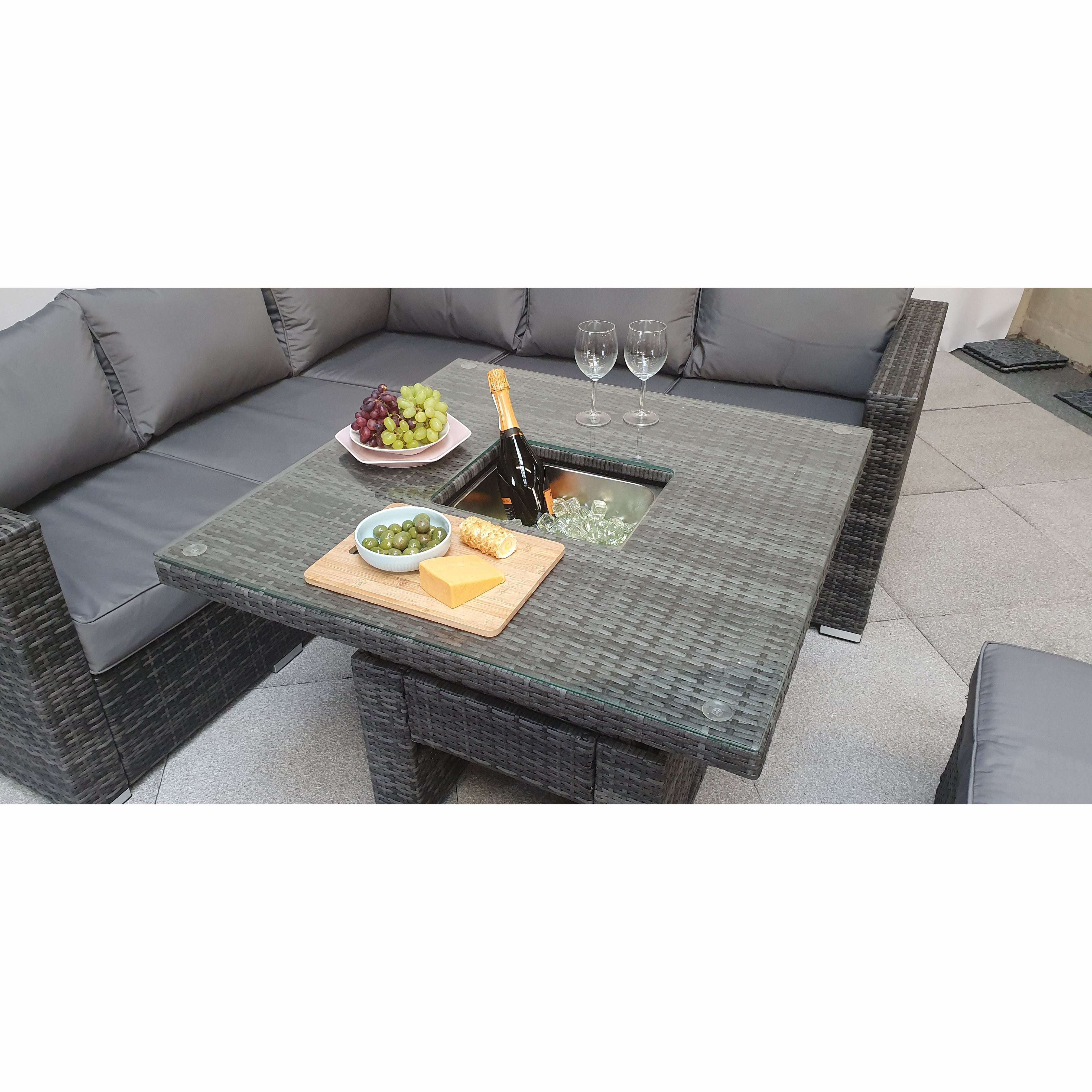 Exceptional Garden:Signature Weave Georgia Corner Dining Set with Ice Bucket and Lift Table - Grey