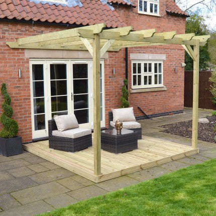 Wall Mounted Wooden Pergola with Decking Kit:Rutland County,Exceptional Garden