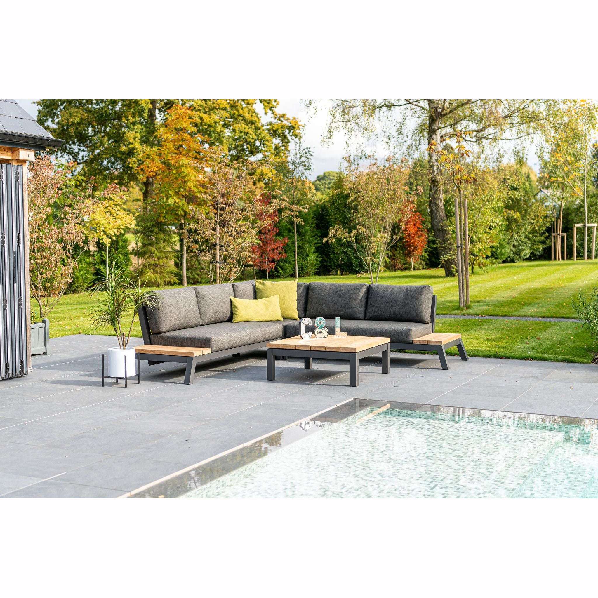 Exceptional Garden:4 Seasons Outdoor Empire Corner Sofa Set with 120cm Capitol Teak Coffee Table
