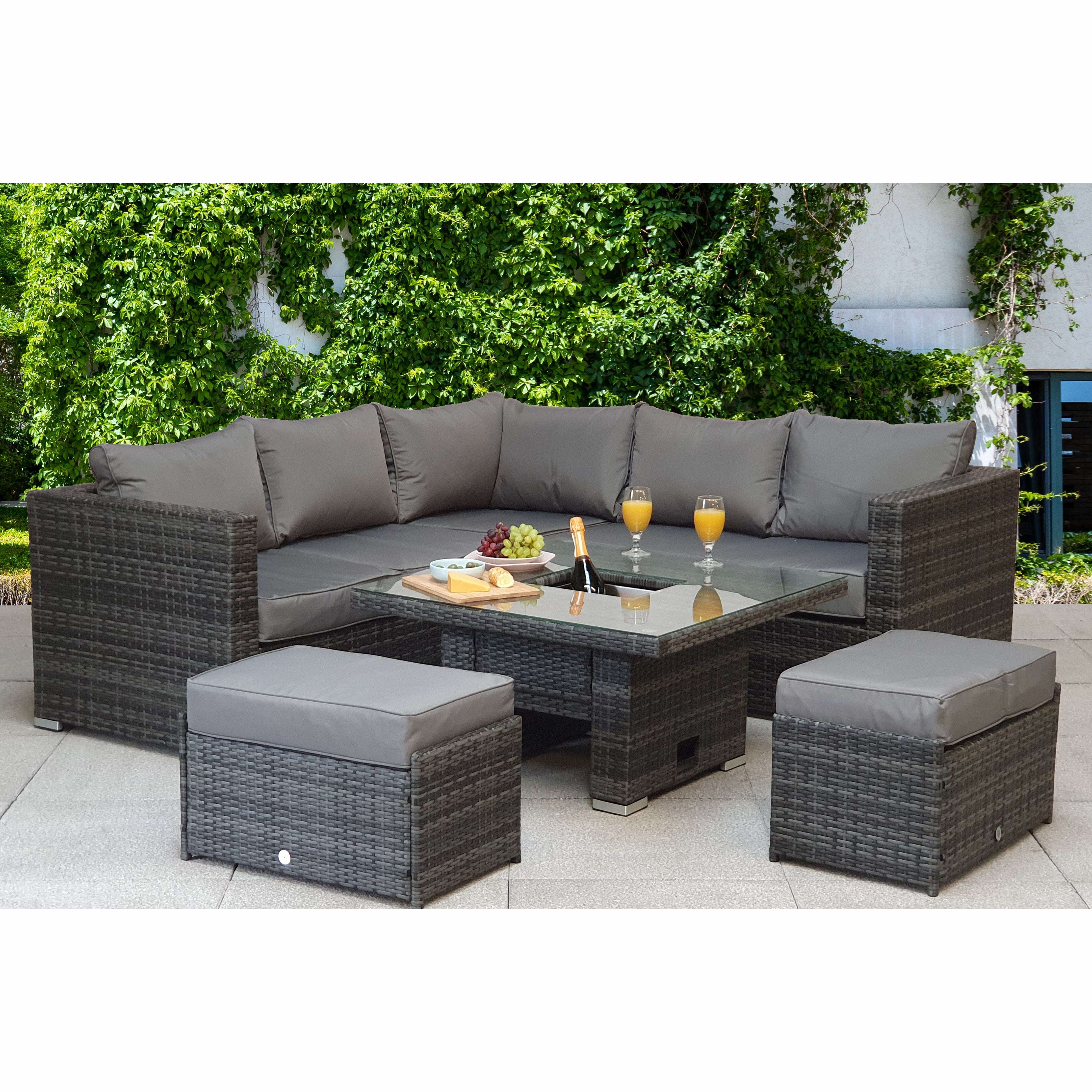 Exceptional Garden:Signature Weave Georgia Corner Dining Set with Ice Bucket and Lift Table - Grey