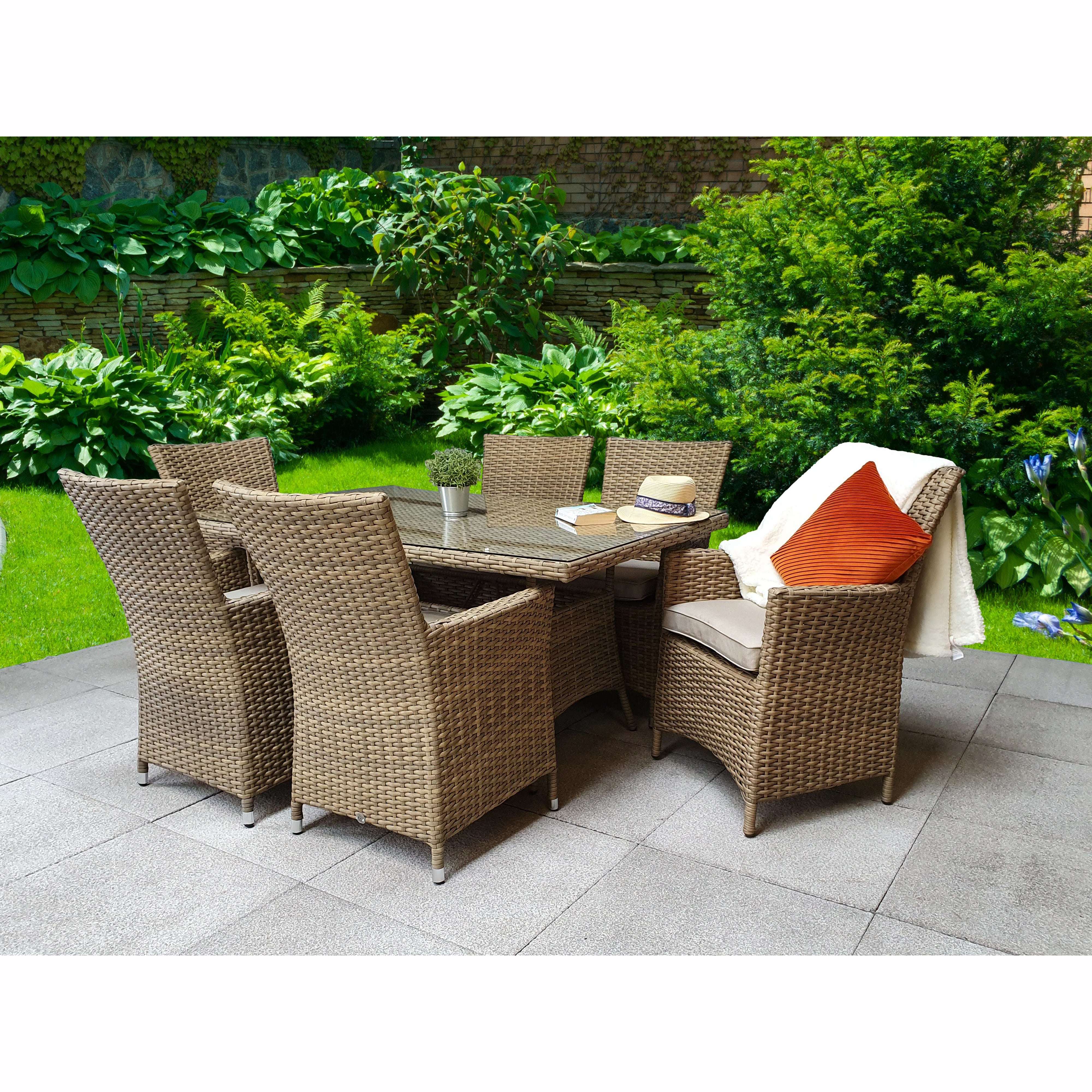 Exceptional Garden:Signature Weave Darcey 6-Seater Dining Set with Rectangular Table and High Back Chairs