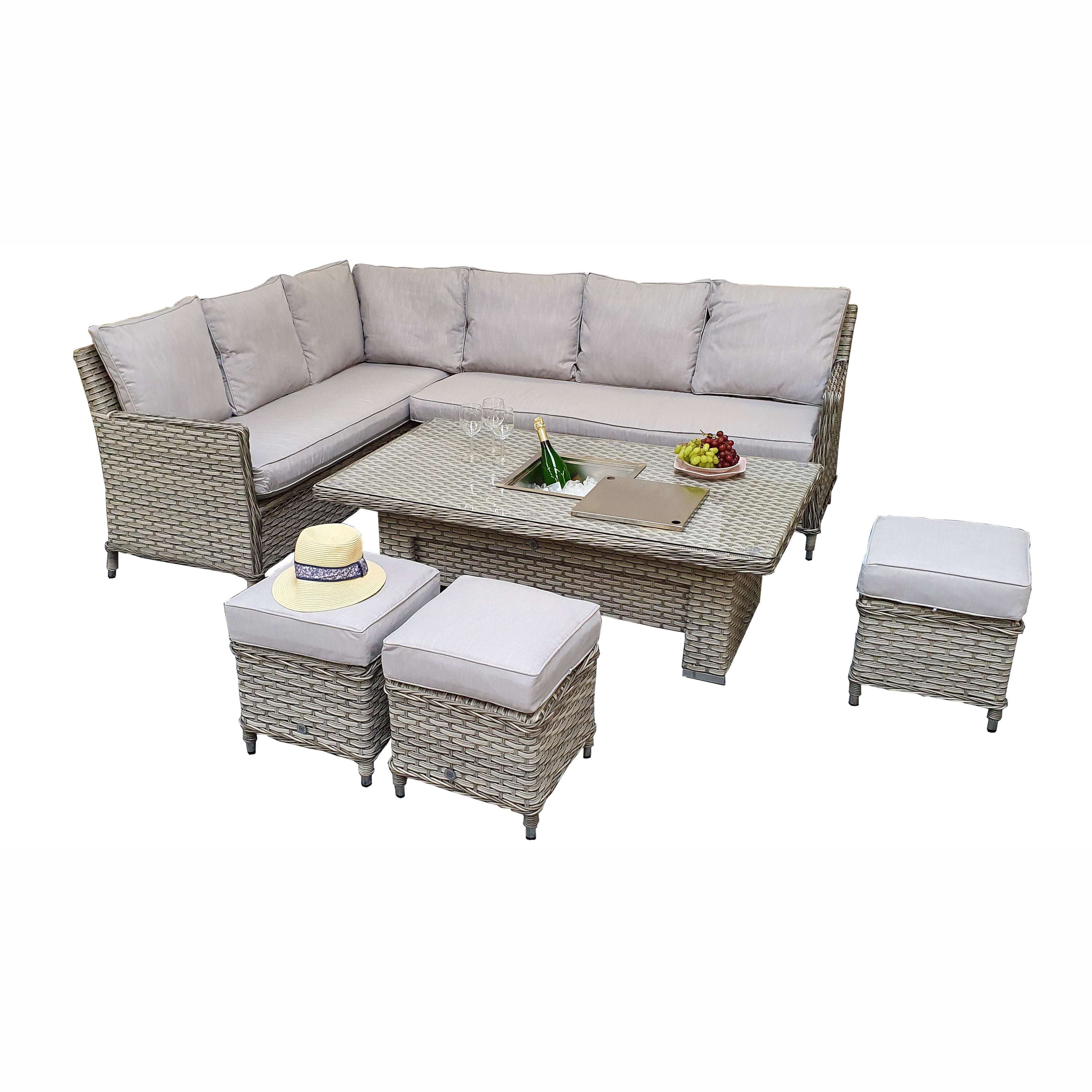 Exceptional Garden:Signature Weave Edwina Corner Dining Set with Lift Table and Ice bucket- 3 Special Wicker Grey
