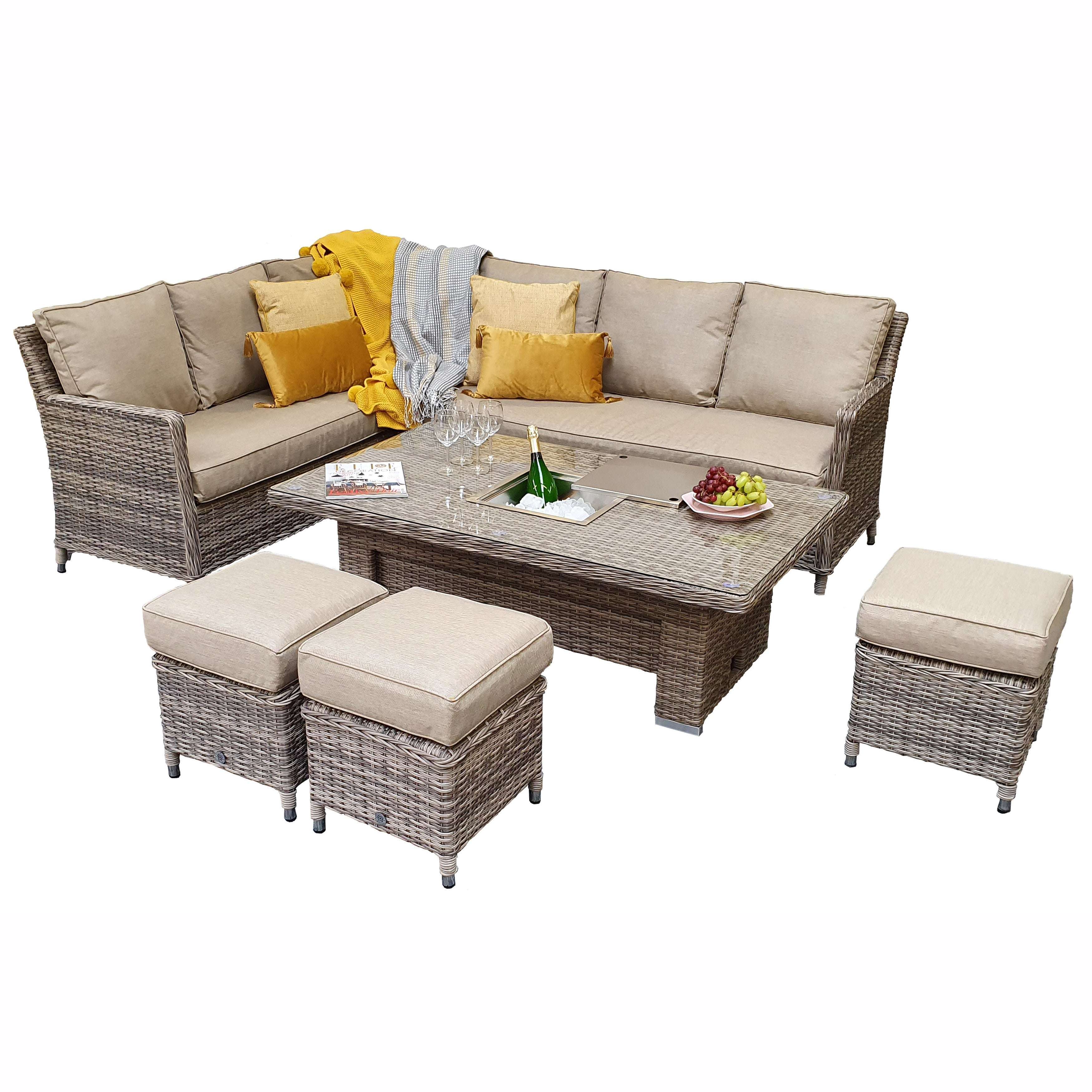 Exceptional Garden:Signature Weave Edwina Corner Dining Set with Lift Table and Ice Bucket - Mixed Nature Weave