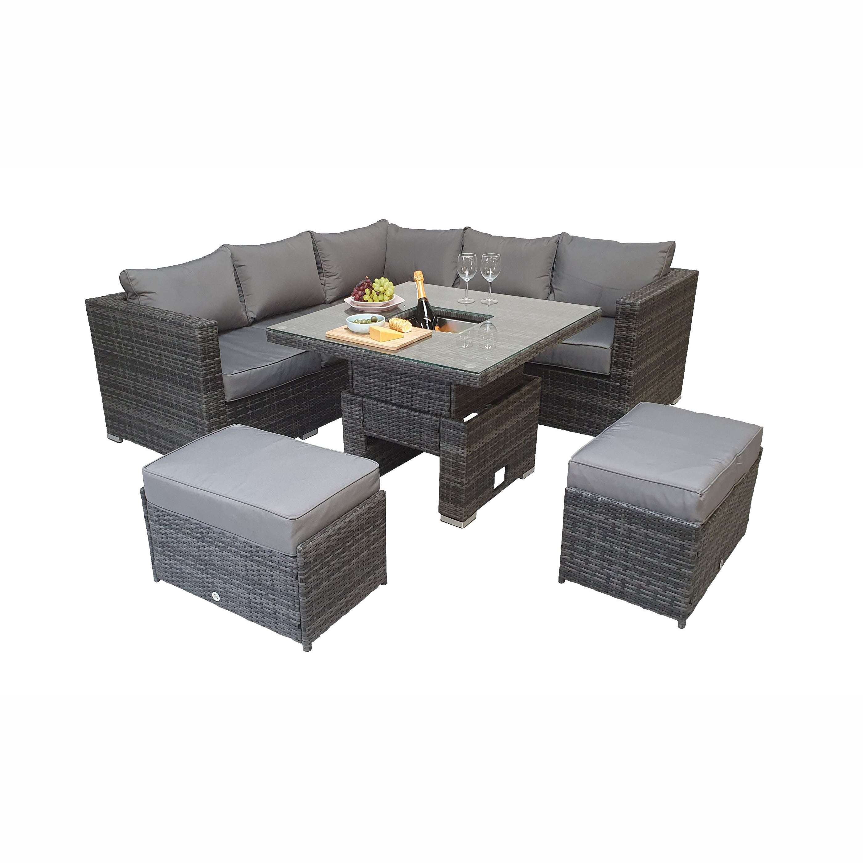 Exceptional Garden:Signature Weave Georgia Corner Dining Set with Ice Bucket and Lift Table - Grey