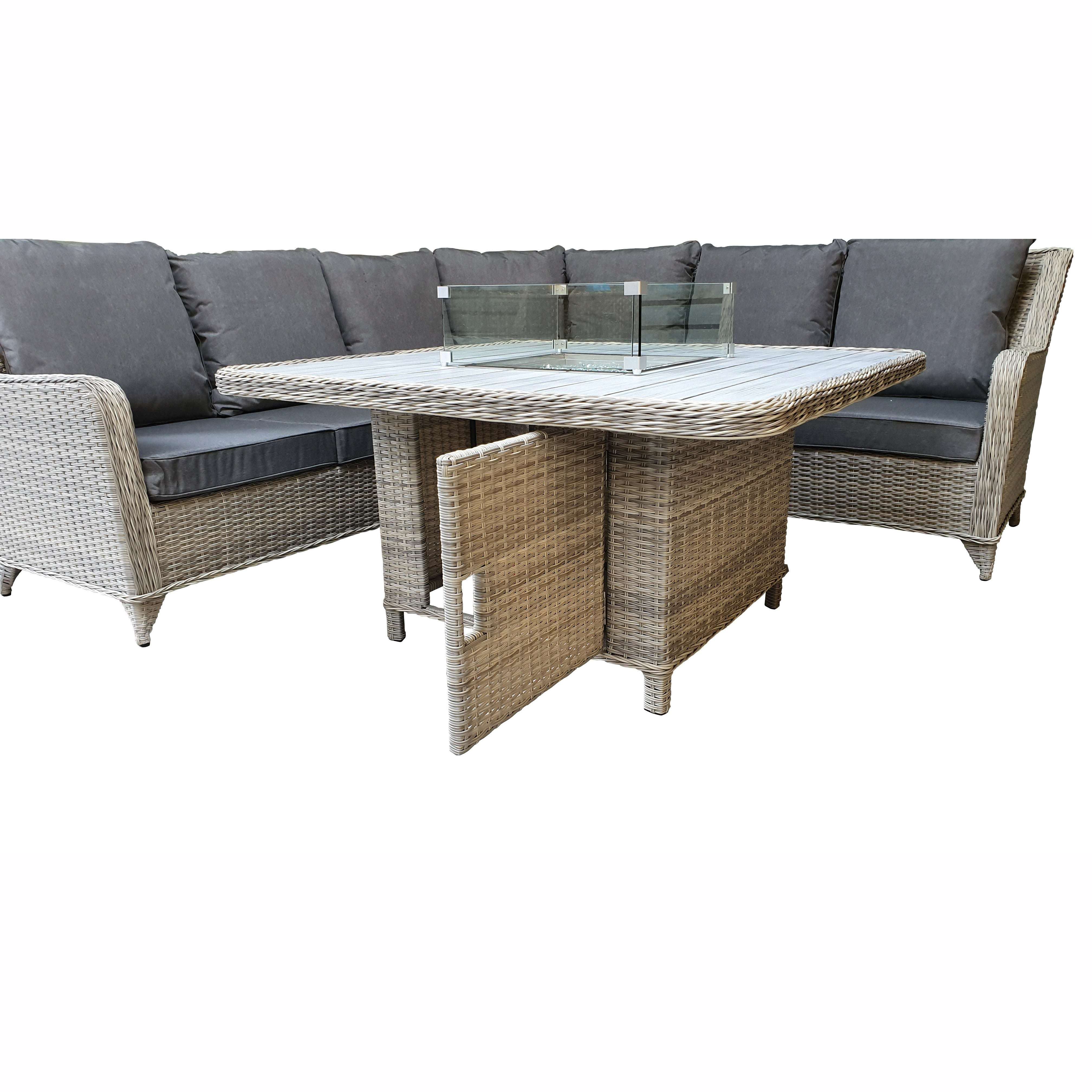 Exceptional Garden:Signature Weave Meghan Large Corner Dining Set with Firepit Table