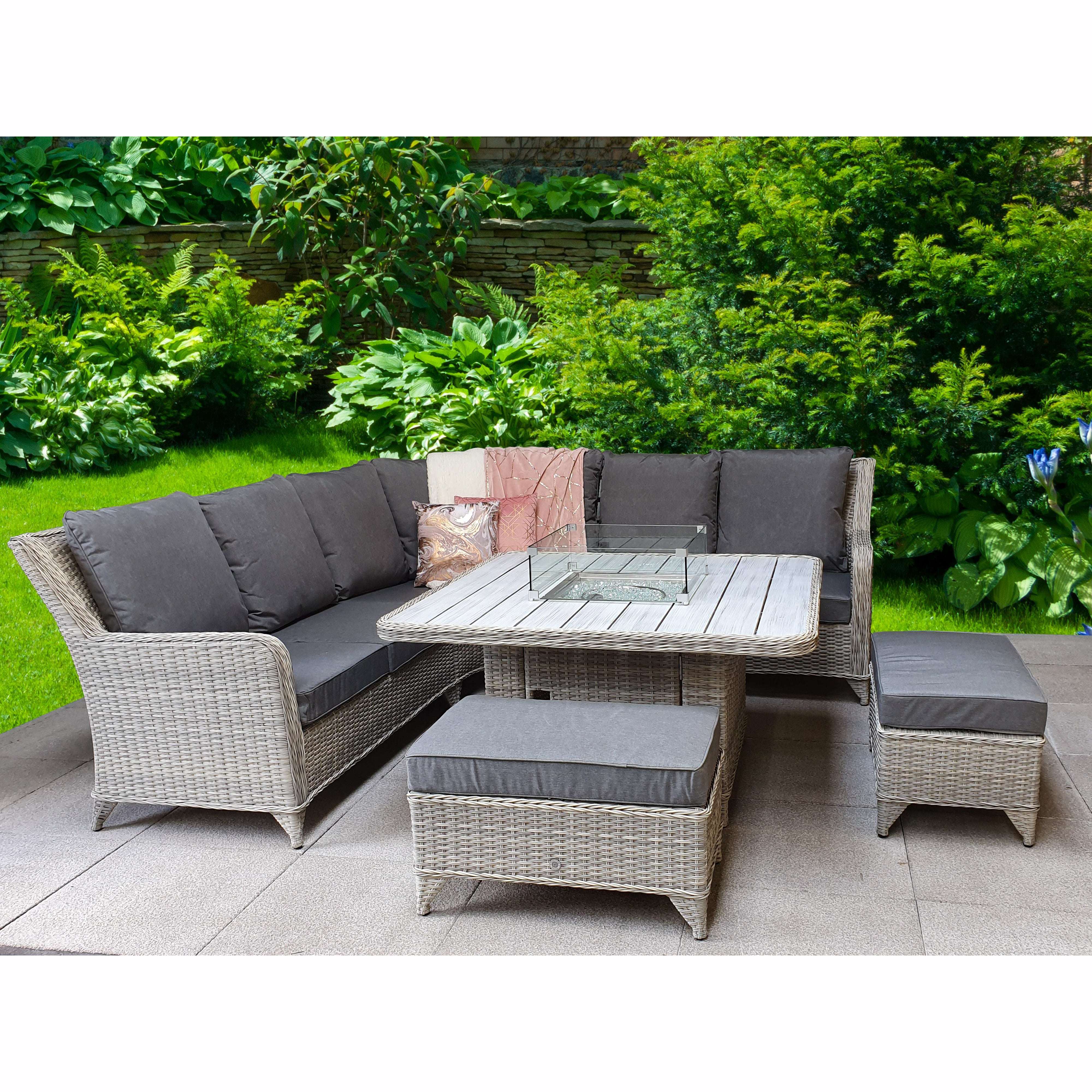 Exceptional Garden:Signature Weave Meghan Large Corner Dining Set with Firepit Table